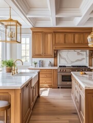 Elegant kitchen island with wooden cabinetry and marble countertops