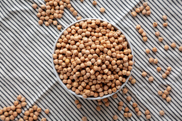 Dry Organic Chickpeas in a Bowl, top view. Flat lay, overhead, from above.