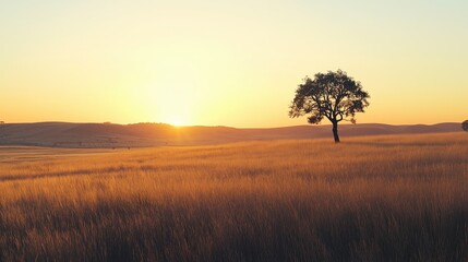 Fototapeta premium Grassland savanna with lone acacia tree silhouetted against sunset illustration