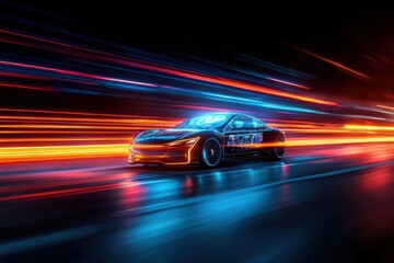 Futuristic car racing in vibrant neon lights.
