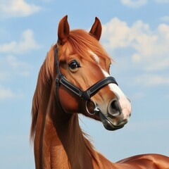 Obraz premium Beautiful chestnut horse standing against a clear blue sky with clouds
