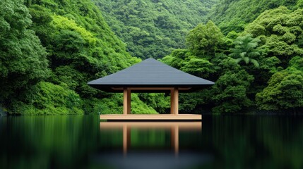 Tranquil pavilion surrounded by lush greenery and still water.