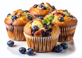 Delicious Homemade Blueberry Muffins Isolated on White Background - Perfect for Baking Blogs and Recipes