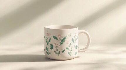 Fototapeta premium A decorative mug with floral designs, casting soft shadows in natural light.