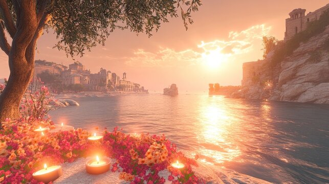 Serene coastal town at sunset with candles and flowers. Tranquil Mediterranean scenery.