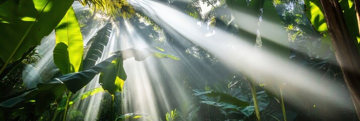 A dense jungle with sunlight filtering through the canopy, creating dappled light and shadows on tropical plants like banana trees and palm leaves. The air is filled with misty fog.