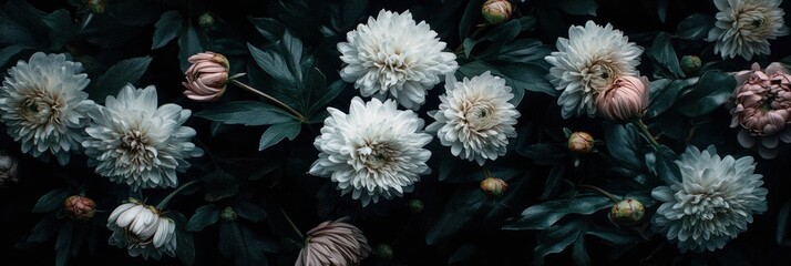 a dense floral pattern of peonies and chrysanthemums in white and red color
