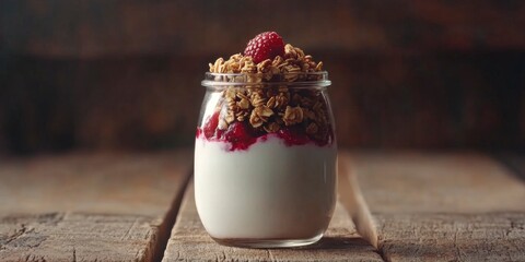 A glass jar of greek yogurt with granola and berries, on a wooden background