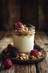 A glass jar of greek yogurt with granola and berries, on a wooden background