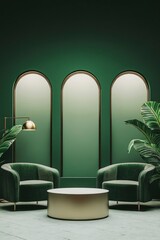 A green and white modern minimalist display stand with three arched windows, green background, green velvet armchairs, brass floor lamp, circular coffee table, large potted plant.