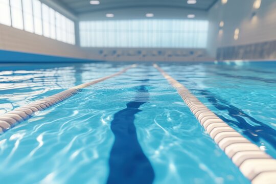 Clear water reflections and swimming lanes in an indoor pool on a sunny day