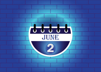 A digital illustration of a calendar page showing June 2nd.  The page is blue and white, set against a backdrop of a blue brick wall.  Clean, modern aesthetic.