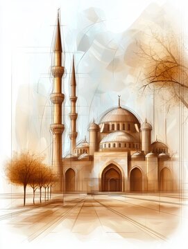 Blue Mosque Architectural Drawing, Illustration with Lines on White Background