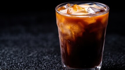 A glass of iced coffee with ice cubes on a dark background.