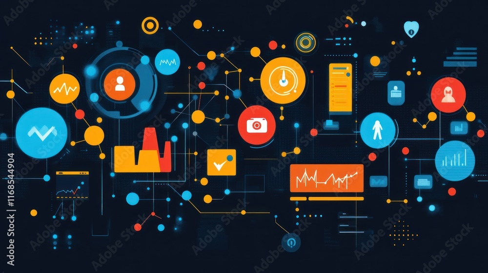 Poster digital network connection with data analysis icons.