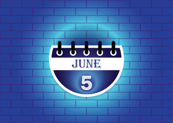 Obraz premium A graphic design of a calendar page showing June 5th. The page is circular and blue, set against a textured blue brick wall. The overall aesthetic is modern and minimalist.