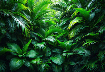 A dense, lush tropical jungle with large green leaves and fronds of various shapes and sizes filling the frame