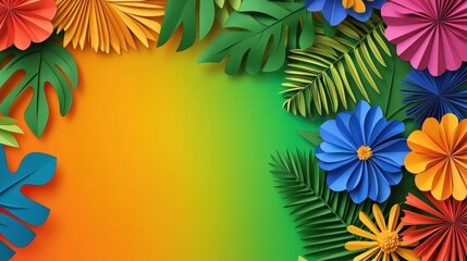 Fototapeta premium Vibrant paper flowers and leaves frame a colorful gradient background.