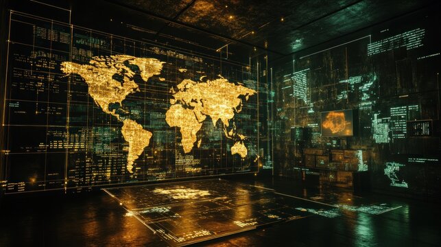 Digital world map with data in dark room.