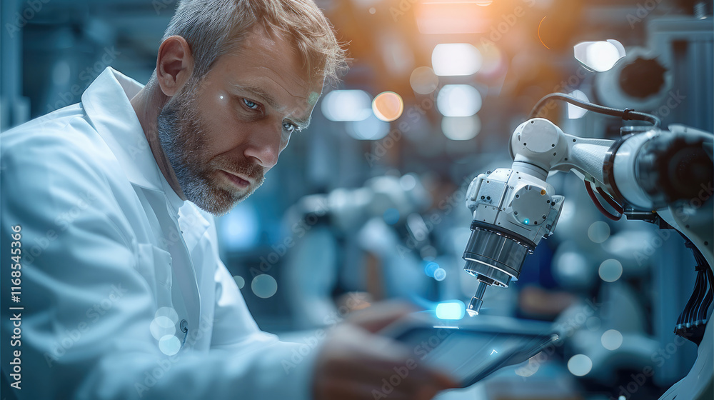 Poster Manager or Industrial engineer working and control ai robotic with industry factory and network connection automation robot arm by tablet.