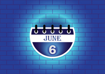 A stylized calendar page displaying June 6th.  The design features a dark blue and white color scheme, set against a textured blue brick wall. Ideal for reminders or event planning.