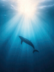 Fototapeta premium majestic whale swims gracefully beneath shimmering ocean surface, illuminated by sunlight