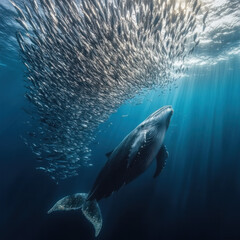 Fototapeta premium majestic whale swimming beneath school of fish in deep blue water