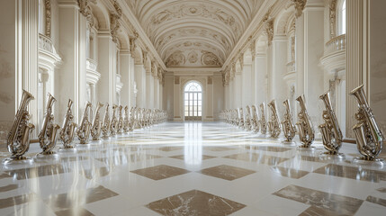 Fototapeta premium Grand Hall Symphony: An ethereal symphony of silver saxophones arranged in a grand hall with intricate marble floors and a single window bathing the space in golden light.