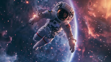 An astronaut floating weightlessly in space, tethered to a spacecraft, with a brilliant galaxy and countless stars in the background, the Milky Way arching across the star-filled sky in the background