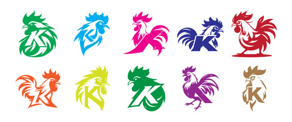 Modern Stylish Letter K Rooster Logo Design Set Vector Illustration