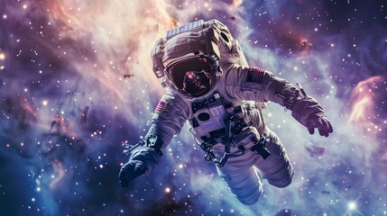 An astronaut floating weightlessly in space, tethered to a spacecraft, with a brilliant galaxy and countless stars in the background, the Milky Way arching across the star-filled sky in the background