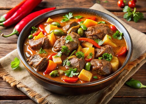 Delicious Senegalese Beef Stew with Peanut Sauce and Vegetables - Panoramic Close-Up