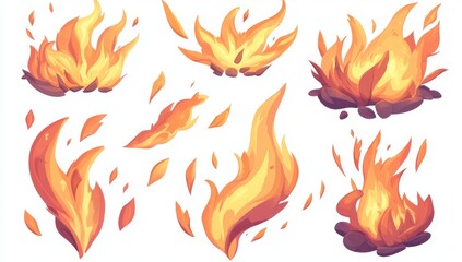 Nine cartoon flames in various shapes and sizes, isolated on white background.