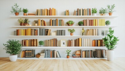a modern living room interior design with a wooden bookcase cabinet and a white wall background