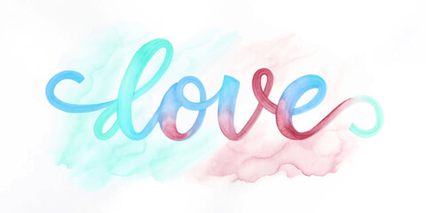 Colorful watercolor design, artistic lettering, love theme, soft pastel hues, romantic decor, modern style.
