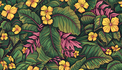 Vibrant Tropical Illustration: Lush Green Leaves and Yellow Flowers