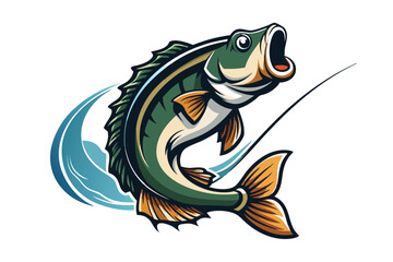 Bass fish jumping from the water with the fishing rod, t-shirt design H.eps