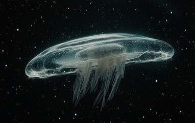 A translucent jellyfish floats against a starry backdrop. © aghisnii