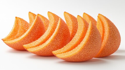 Six segments of a juicy orange fruit arranged in a row on a white background.
