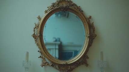 Oval antique mirror with ornate gold frame on wall.