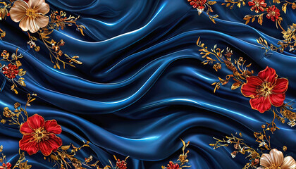 Black blue red and gold abstract elegant background. Silk satin. Design. Festive. Christmas New Year.