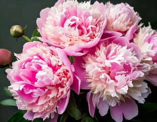 Close-up of bunch light pink peonies with delicate petals, lush green leaves, soft hues, intricate flower details, full blooms, vibrant natural beauty, natural light highlighting subtle textures, flor