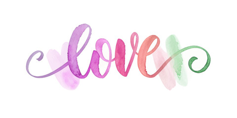 Obraz premium Colorful watercolor design, artistic love lettering, vibrant pastel shades, romantic decor, expressive typography.