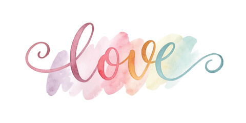 Colorful watercolor design, artistic love lettering, soft pastel hues, romantic decor, creative expression, greeting card art.