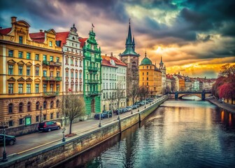 Fototapeta premium Deserted Prague Riverbank: Smetanovo Nabrezi, March 2020 - Vintage Travel Photography