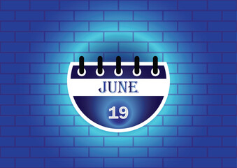 Obraz premium A digital illustration of a calendar page showing June 19th. The calendar is depicted against a textured blue brick wall, creating a visually appealing backdrop.