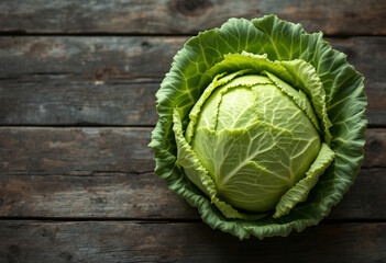 A large green savoy cabbage on a rustic wooden surface