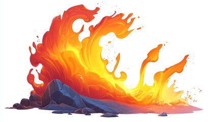 Abstract fiery lava flow erupting from rocks.