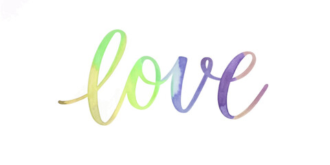 Colorful watercolor lettering, artistic love design, vibrant hues, modern calligraphy style, perfect for decor.