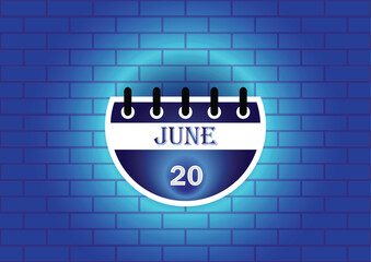 Obraz premium A stylized calendar page displaying June 20th is showcased against a backdrop of a blue brick wall. The design is minimalist and modern, ideal for various applications.